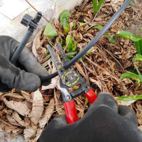 cutting Sprinkler drip lines with wire strippers